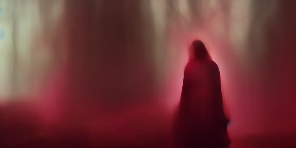 Image similar to screenshot of Luke Skywalker in dark jedi robe is lost on a surreal pink planet with black trees, minamilist 1970s sci fi film by Stanely Kubrick film, color kodak, Ektachrome, anamorphic lenses, detailed faces, hyper-realistic, photoreal, detailed portrait, moody award winning cinematography, beautiful lighting