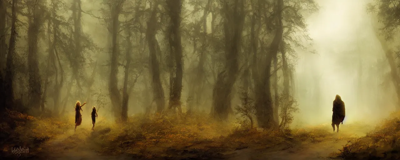 Prompt: meeting of a forest nymph and a rugged traveler on a misty forest road, fantasy painting, landscape, serene, mysterious, calm, dreamlike, by hjalmar munsterhjelm, by alain gourdon, by frank frazetta, by petri ala - maunus