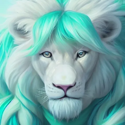 Image similar to aesthetic portrait commission of a albino male furry anthro lion surrounded by glistening floating bubbles while wearing a cute mint colored cozy soft pastel winter outfit, winter Atmosphere. Character design by charlie bowater, ross tran, artgerm, and makoto shinkai, detailed, inked, western comic book art, 2021 award winning painting