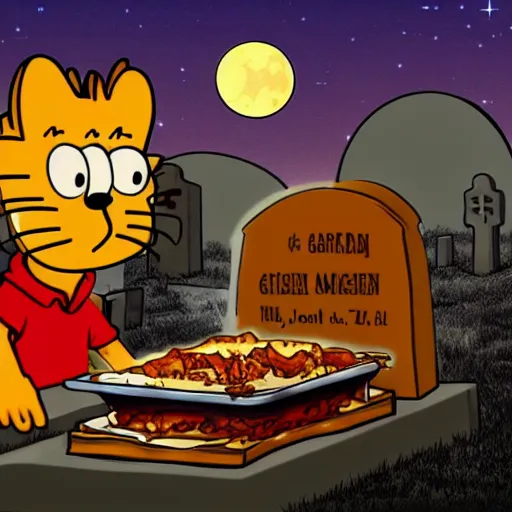 Image similar to Garfield eating lasagna in a cemetery, gravestone says Jon Arbuckle, full moon in background, starry sky with clouds, horror, spooky, photorealistic, 8k resolution,