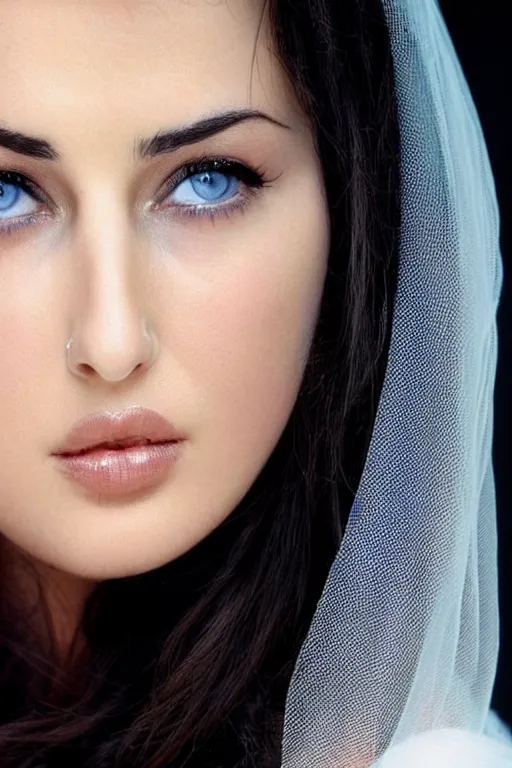 Image similar to young arab Monica Bellucci, blue eyes, long wavy black hair, white veil, closeup, focus, colored