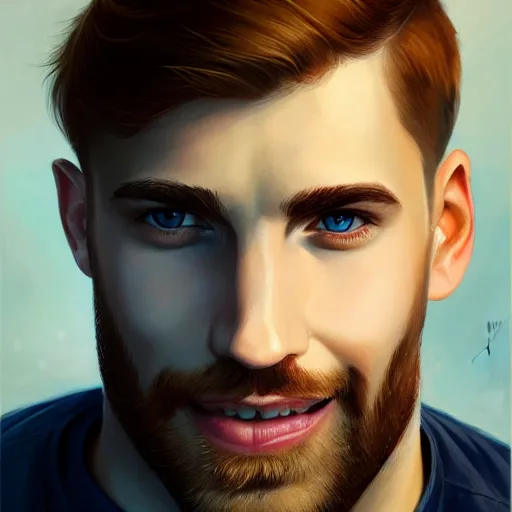 Prompt: tall chunky man in his twenties with brown blond short regular haircut and round facial structure with cleft chin, straight eyebrows, big blue eyes, smiling, cheekbones, straight nose, wider face, shadow of beard, atmospheric lighting, painted, intricate, 4 k, highly detailed by charlie bowater