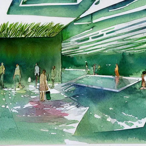 Prompt: watercolor sketch of organic rectangular architecture concept by victo ngai, sea, renzo piano, sketche, villa, people, beach, artistic, ecology, green.