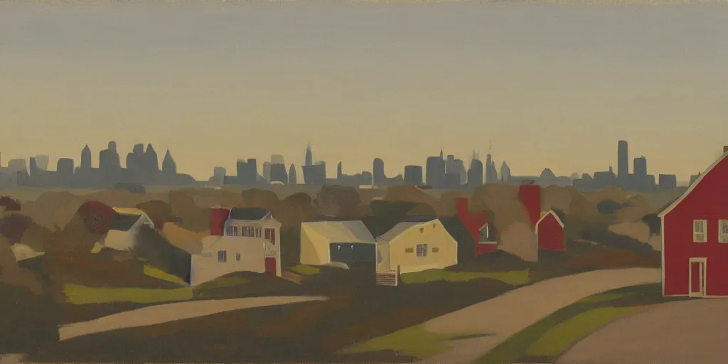 Image similar to In the foreground is a small red house, and in the background is the smoky NY City, George Ault painting style.