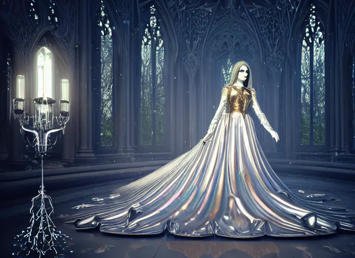 Prompt: beauteous sumptuous gothic vampire queen, white pearlescent, chrome, iridescent titanium, crystal, liquid gold, copper, bronze, by lvictoria frances, cinematic forest lighting, crystalline masterpiece incrustations, hyperdetailed metalwork, in volumetric soft glowing mist, elegant pose, movie still, octane render, unreal engine, crepuscular rays,