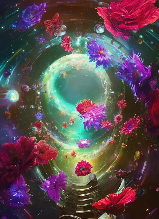 Image similar to An epic fantastic realism comic book style painting of the most beautiful spiraling flowers launched across the dark and starry Universe, floating bouquets, nebula, fisheye, unreal 5, DAZ, hyperrealistic, octane render, dynamic lighting