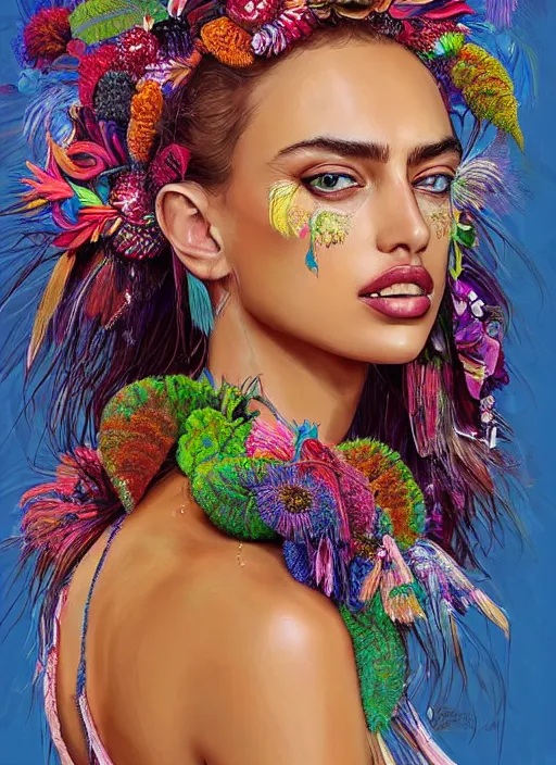 Image similar to beautiful portrait of Irina Shayk wearing dramatic Hand-dyed cotton dress,embellished beaded feather decorative fringe knots ,colorful pigtail,subtropical flowers and plants,symmetrical face,intricate,elegant,highly detailed,8k,digital painting,trending on pinterest,harper's bazaar,concept art, sharp focus, illustration,golden ratio,by artgerm,Tom Bagshaw,Lawrence Alma-Tadema,greg rutkowski