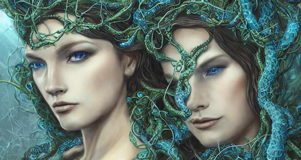 Image similar to detailed portrait of the queen of snakes, realism, pale blue, emerald, sapphire, wearing a crown of vines, nest of vipers, moonlit, dark fantasy, dramatic lighting, cgsociety, artstation