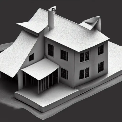 Image similar to origami farmhouse in white paper, 3 d render, ultra detailed, on white background, studio shot