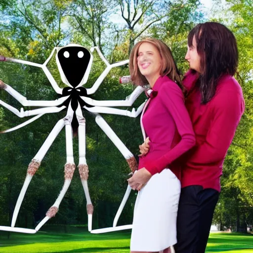 Image similar to Photostock of a soccermom happily married to a giant tarentula. The giant tarentula looks very corporate, wears a tie and weave a web around his wife.