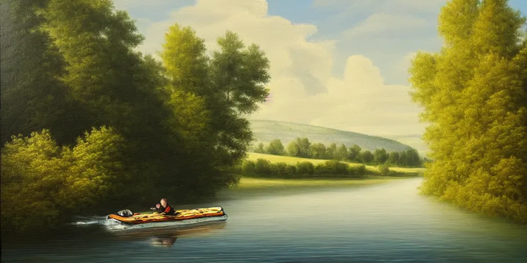 Image similar to A very detailed painting featuring a river in Europe surrounded by trees and fields. A rubber dinghy is slowly moving through the water. Sun is shining. minimalist painting