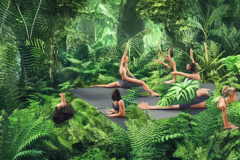 Prompt: one person doing yoga, surrounded by ferns, jungles, animals, relax, calm, highly detailed, unreal engine render concept art