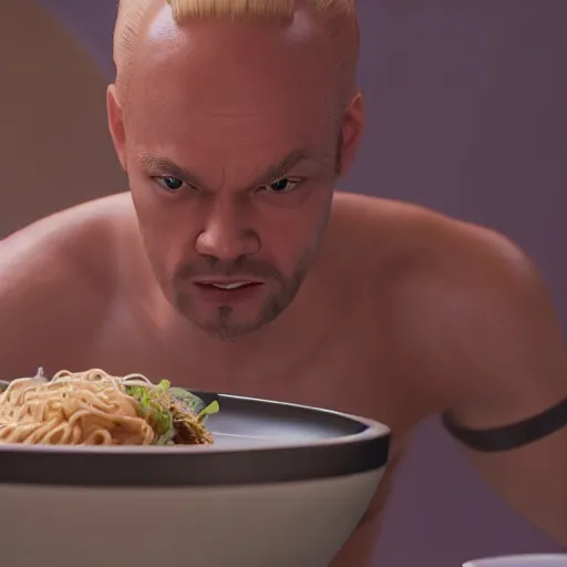 Prompt: Korbin Dallas from the movie The Fifth Element eating a bowl of ramen, 8k resolution, extremely detailed, octane render