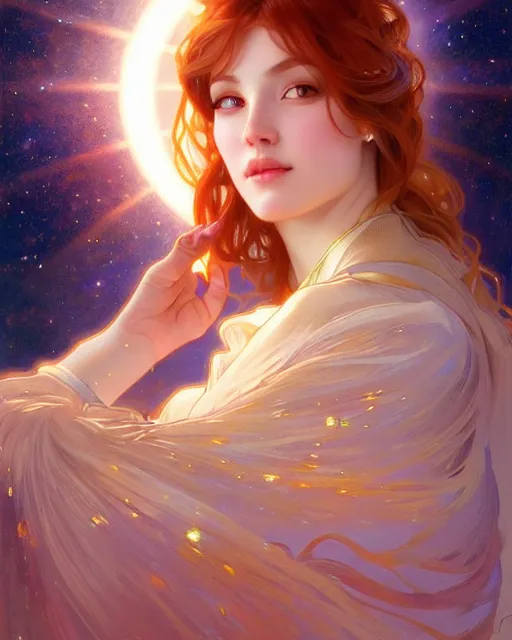 Prompt: portrait of a cosmic auburn goddess, radiant halo of light, glimmering sparkles, fantasy portrait by wlop and artgerm, artstation, alphonse mucha