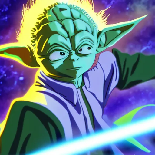 Image similar to Yoda as an anime character from Dragon Ball Z. Beautiful. 4K.