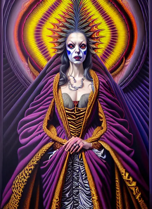 Image similar to beautiful oil painting, full length portrait of vampire dauphinois in baroque coronation robes 1 7 0 1, dan mumford, dan mumford, alex grey, hyacinthe rigaurd, highly detailed, lsd visuals, dmt fractal patterns, visionary art, psychedelic art, ornate, vaporwave, baroque, greg rutkowski