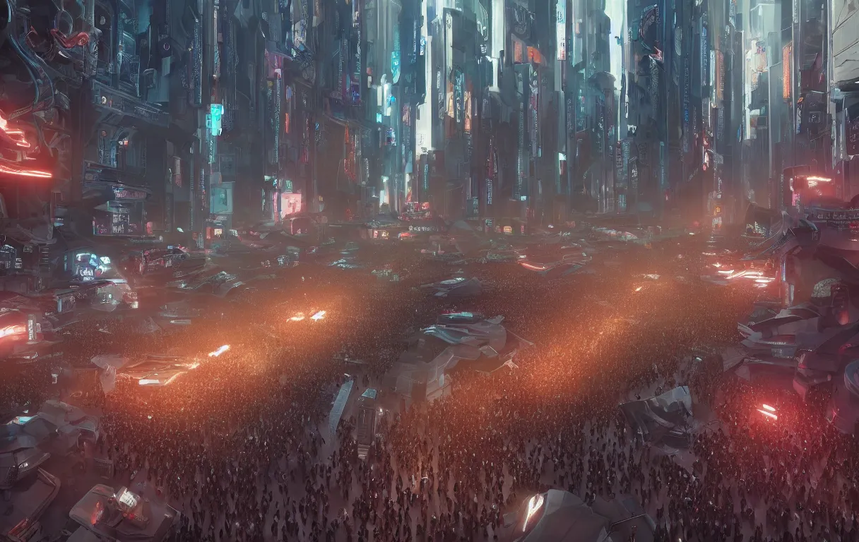 Image similar to photograph a crowd of people surrounding a giant female biomorphic cyborg in middle of futuristic blade runner 2 0 4 9 seoul korea, by jean moebius giraud, beeple, greg rutkowski. octane render. in the style of the fifth element, cyberpunk 2 0 4 9.