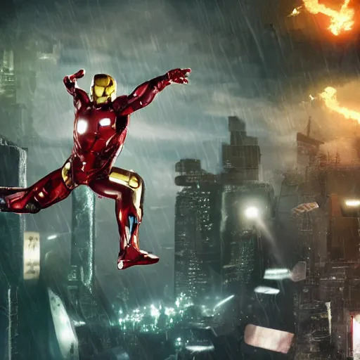 Image similar to A hyperdetailed photograph of a silver suit Iron Man flying through the skies of a cyberpunk, futuristic city, night, dense fog, rain, HD, 8K resolution