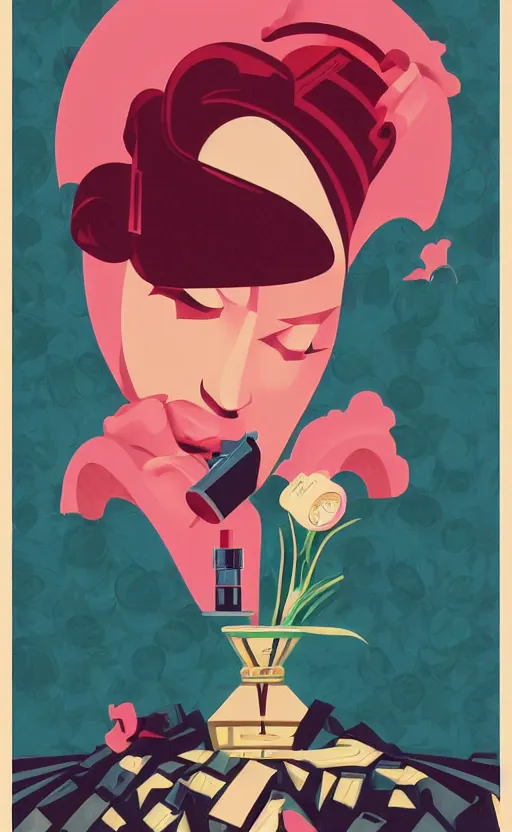 Image similar to illustration, close - up photo with beautiful bottle of perfume near nose, sniffing the aroma, an art deco painting by tom whalen, trending on behance, art deco, digital illustration, storybook illustration, grainy texture, flat shading, vector art, airbrush, pastel, watercolor, poster