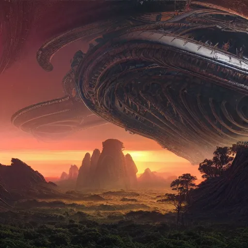 Image similar to a beautiful matte painting of an alien landscape of lush and mystical flora, remnants of a crashed spaceship, alien creatures emerging, sunrise, by Giger and Ralph McQuarrie and Bruce Pennington, cinematic lighting, ambient light, hyperrealism, hires, octane render, 8k, iridescent accents, vray