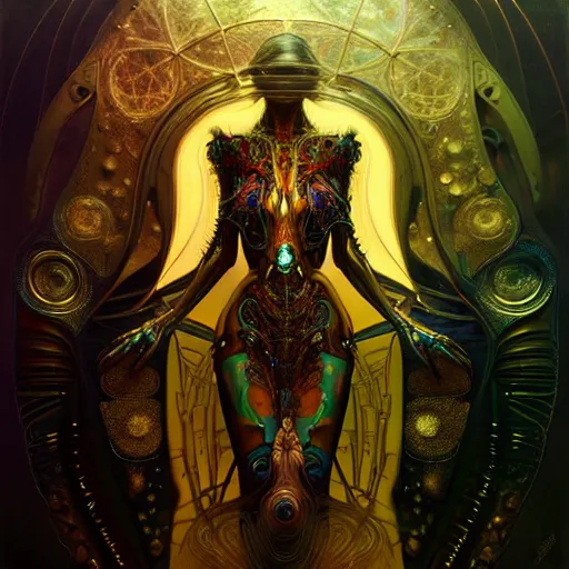 Image similar to extremely psychedelic beautiful cyborg virus infected by night. intricate, elegant, highly detailed, extremely lifelike photorealistic digital painting, artstation. steichen, gaston bussiere, tom bagshaw, cyberpunk alphonse mucha. totally elegant. anatomically correct. sharp focus. black and gold. surreal lush cosmic hallucination