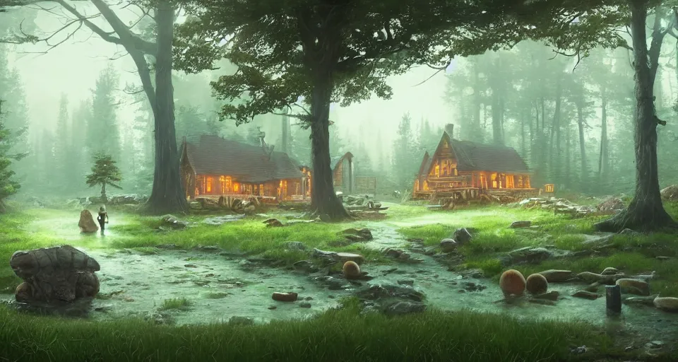 Image similar to A landscape with a quiet tavern in the middle of a forgotten magical forest, large trees, mushrooms, warm lighting, inviting, enchanting, rendered by simon stålenhag, rendered by Beeple, Makoto Shinkai, syd meade, environment concept, digital art, unreal engine, 3 point perspective, WLOP, trending on artstation, low level, 4K UHD image, octane render,