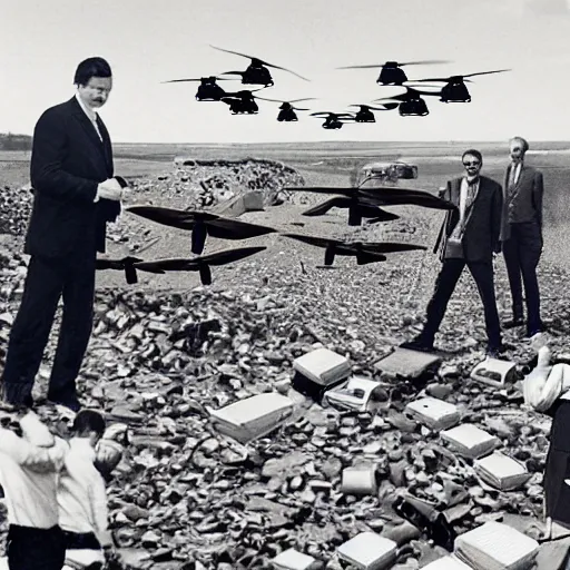 Image similar to vintage photograph of a close-up on a group of business men surrounded by drones, in a dump field, in the style of Terry Gilliam