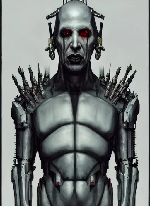 Image similar to marilyn manson as victor stone, full body concept, cyborg, borg, strogg, face of a man, terminator, flesh, quake strogg, doom demon, wolfenstein, monstrous, powerful, symmetry, symmetrical, concept art by ruan jia and greg rutkowski