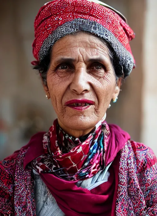 Image similar to Mid-shot portrait of a beautiful 60-year-old woman from Morocco, wearing traditional clothes, candid street portrait in the style of Martin Schoeller detailed, award winning, Sony a7R