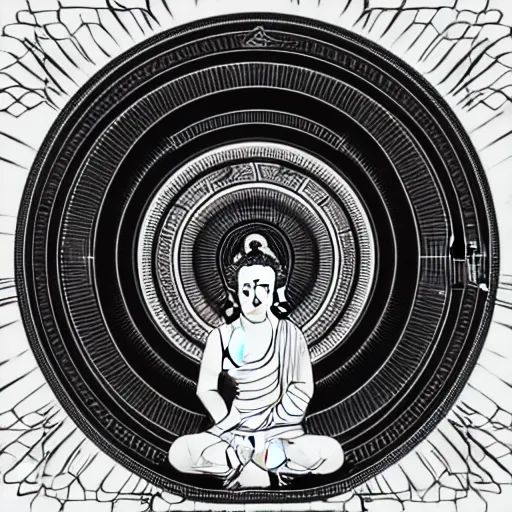 Prompt: 2 d techno buddha in front of concentric geometric radial sun portal with ancient wuji symbols embedded within it, black fine lines, sci fi, artstation