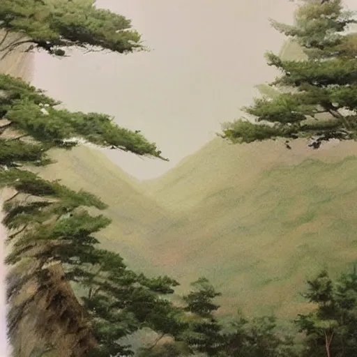 Image similar to A painting of a beautiful scene of nature. The colors are very soft and muted, and the overall effect is one of serenity and peace. The composition is well balanced, and the brushwork is delicate and precise. 1990s by Kim Jung Gi rendering