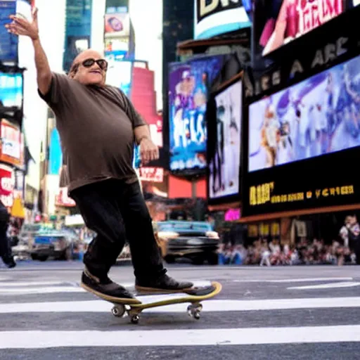 Image similar to photograph of danny devito skateboarding in times square