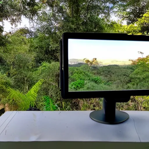 Image similar to a photograph of a jungle, with an outdoor office set up in the immediate frame, point of view of a video call, wide angle, morning light