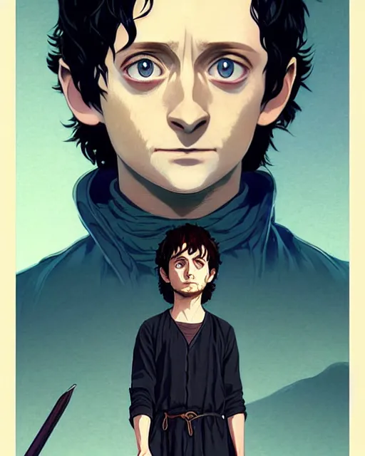 Image similar to poster Anime playing Elijah Wood as Frodo || cute-fine-face, pretty face, realistic shaded Perfect face, fine details. Anime. realistic shaded lighting by Ilya Kuvshinov katsuhiro otomo ghost-in-the-shell, magali villeneuve, artgerm, Jeremy Lipkin and Michael Garmash and Rob Rey Elijah Wood as Frodo