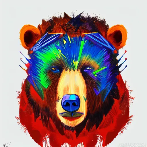 Image similar to a head and shoulder portrait of bear beast-man painted in the colorful and expressive style of Kotwdq, trending on Artstation 8k photorealistic