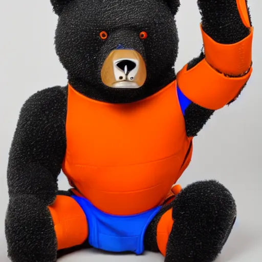 Image similar to A bear in orange and blue cyber armor facing you