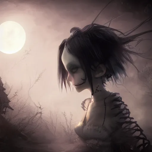 Prompt: full shot portrait of cute angry darkness anime girl at moonlight, gothic wearing, inspired by Tim Burton, WLOP, Marc Simonetti, Amano, Andrei Riabovitchev, detailed, unreal engine 4k volumetric light, fog,