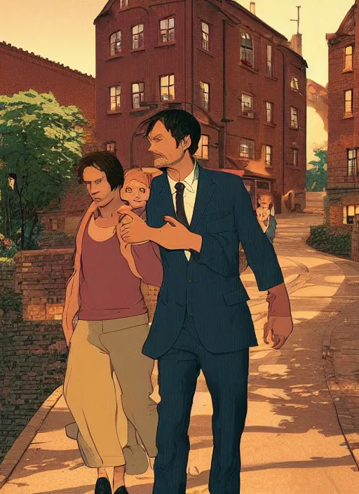 Prompt: portrait of Mads Mikkelsen and Hugh Dancy holding hands romantically as they chaperone school dance by Michael Whelan, Bob Larkin and Tomer Hanuka, simple illustration, domestic, nostalgic, clean, full of details, by Makoto Shinkai and thomas kinkade, Matte painting, trending on artstation and unreal engine, New Yorker magazine cover, 1980s romance book cover