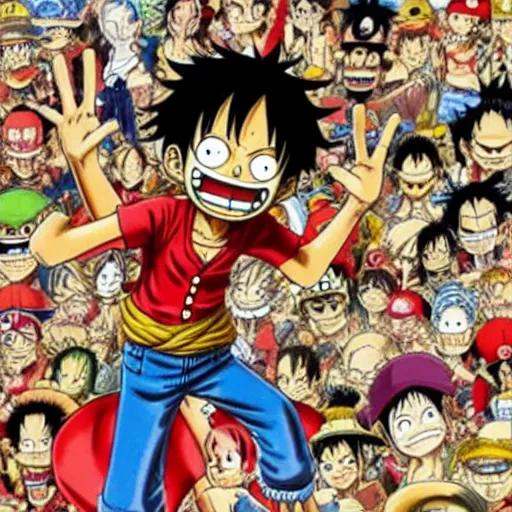 Prompt: luffy d. monkey from one piece in a where's wally waldo image