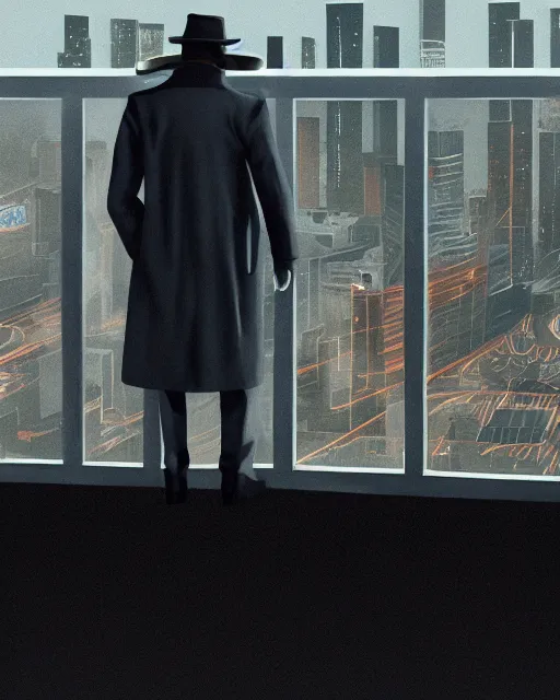 Prompt: a night rooftop scene, close up shot of a photorealistic gangster wearing a trench coat looking at the city below, unreal engine, hyper realism, realistic shading, artstation