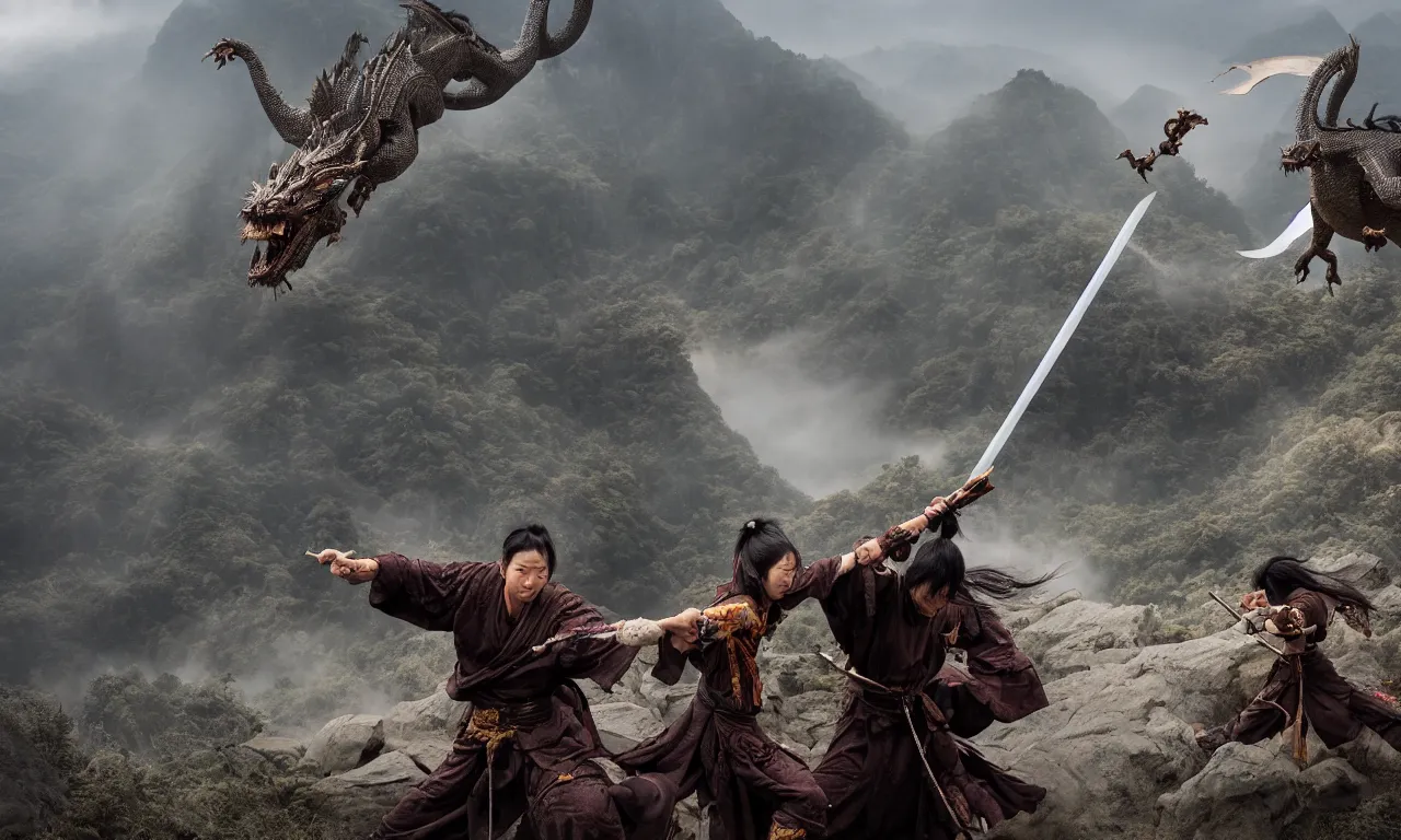 Image similar to a wuxia sword master battling the great oriental dragon on misty mountain , epic cinematic scene , 24mm f4 ,