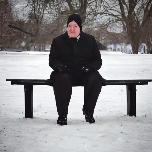 Prompt: Kevin Malone wearing a black beanie hat and black wool overcoat sitting on a park bench during the winter