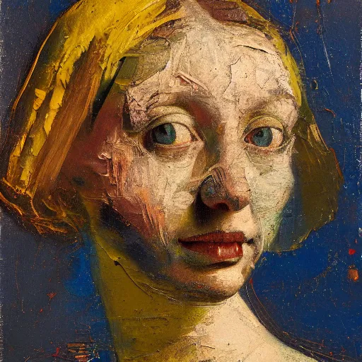 Prompt: oil paint impasto relief, portrait of woman's face, deep under water, looking up, air bubbles, multi layered thick brush marks, some splattered paint, in the style frank auerbach and leonardo da vinci and vermeer