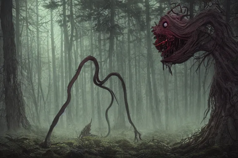 Image similar to creepy eldritch monster in a swedish forest, very low angle photograph, very detailed, trending on artstation, realistic, soft colors, simon stålenhag, lovecraft, horror