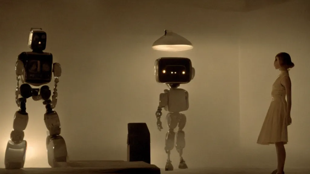 Image similar to movie scene of the girl and the robot, movie still, cinematic composition, cinematic light, by David Lynch