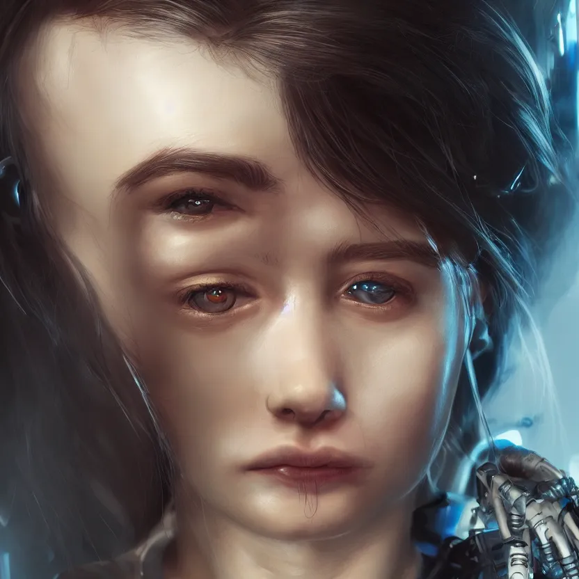 Image similar to hyperrealistic portrait of one cyborg girl, closeup, volumetric lighting, epic cinematic lighting, trending on artstation, very detailed, stunning