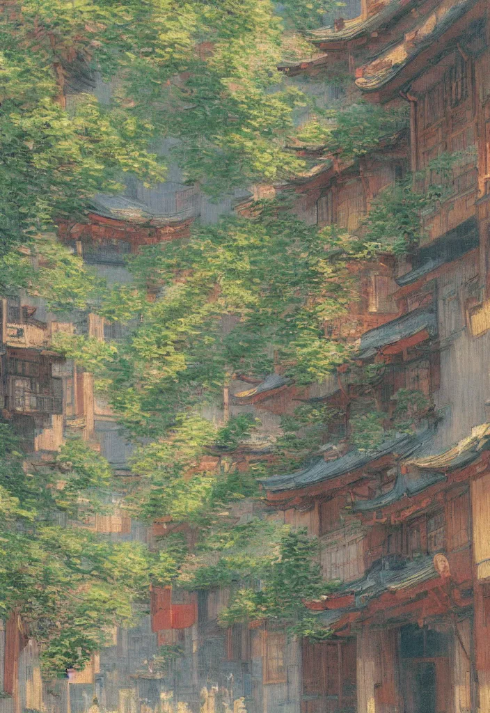 Prompt: a beautiful japanese city in the mountain, amazing ryokans and gorgeous edo era houses, epic cyberpunk, lofi vibe, colorful, vivide colors, amazing light, really beautiful nature, oil painting in impressionist style, by jeremy lipkin, by claude monet, by makoto shinkai, by van gogh, multiple brush strokes, inspired by ghibli, masterpiece, beautiful