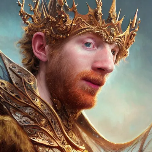 Image similar to closeup portrait shot of domhnall gleeson as king oberon, fairy wings, lord of beasts, highly detailed, digital painting, artstation, concept art, soft focus, depth of field, artgerm, tomasz alen kopera, peter mohrbacher, donato giancola, wlop, boris vallejo