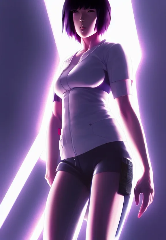 Image similar to a fullbody portrait of motoko kusanagi the major ghost in the shell : : connected to cables, under repairs, maintenance area, technicians : : by ilya kuvshinov, rossdraws, artgerm, sola digital arts, anti aliasing, raytracing : :