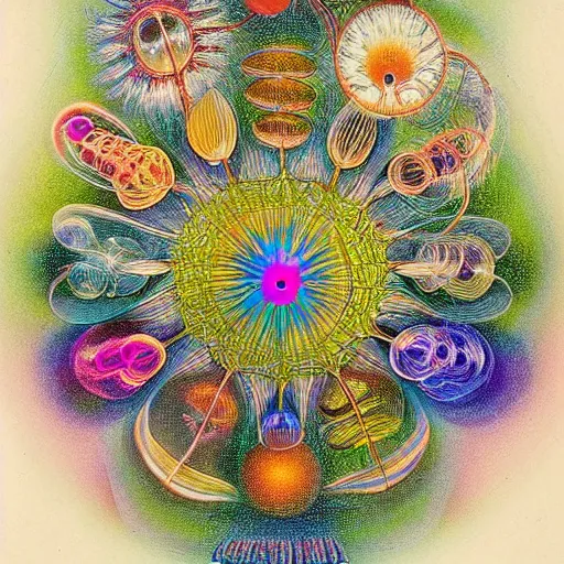 Image similar to quantum connections represented as symbiotic organisms like cells playing around with colorful lights by ernst haeckel